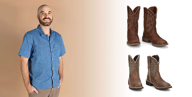 A man wearing a denim short-sleeve shirt. Canter 11” Western boot in brown and Ema 8” Western Boot in brown.